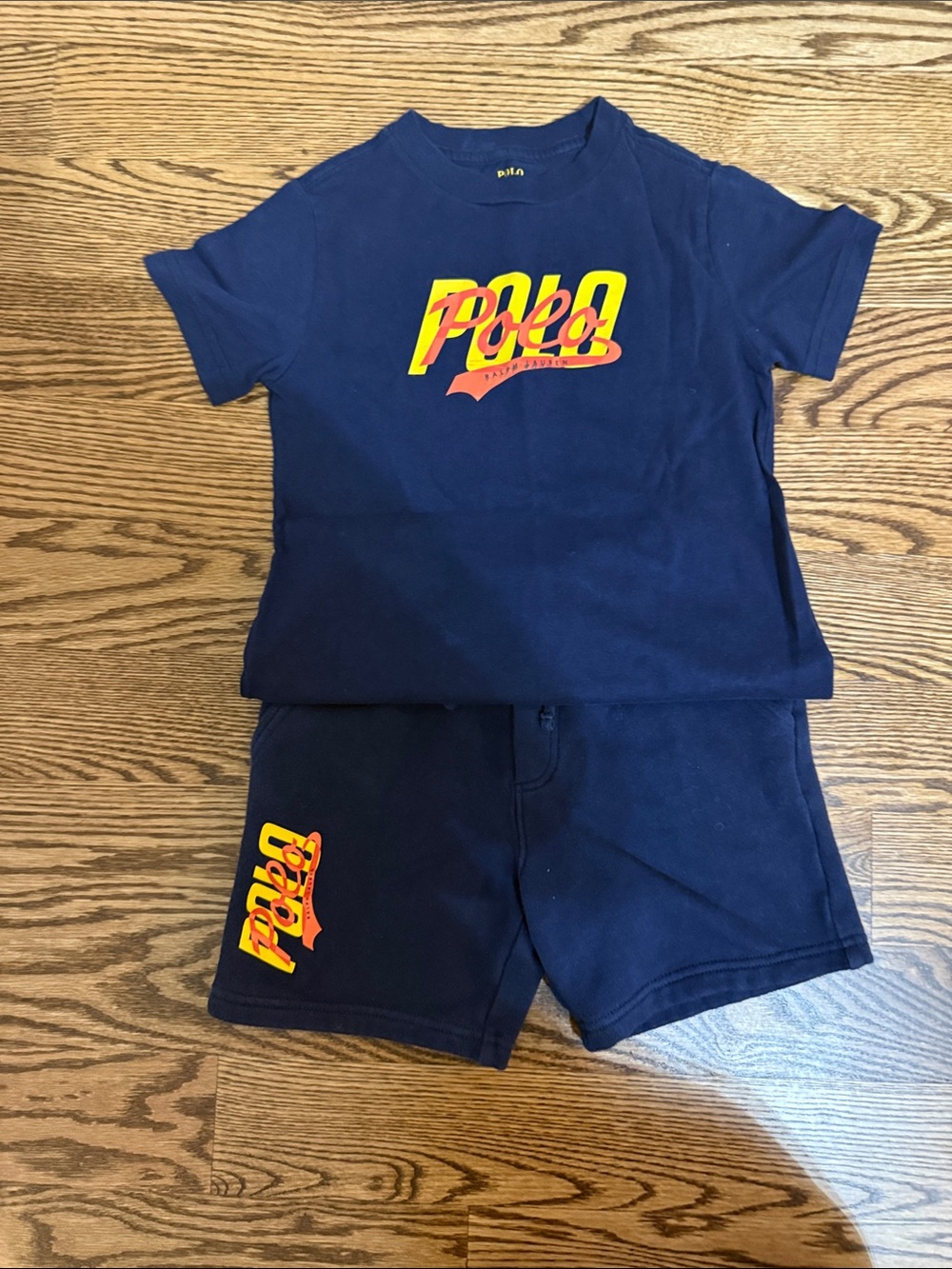 Polo by Ralph Lauren Navy Tee & Shorts Set with Yellow and Orange Logo